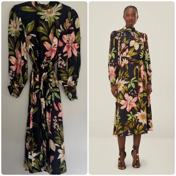 Farm Rio Black Surreal Flowers High Neck Midi Dress - Picture 1 of 8